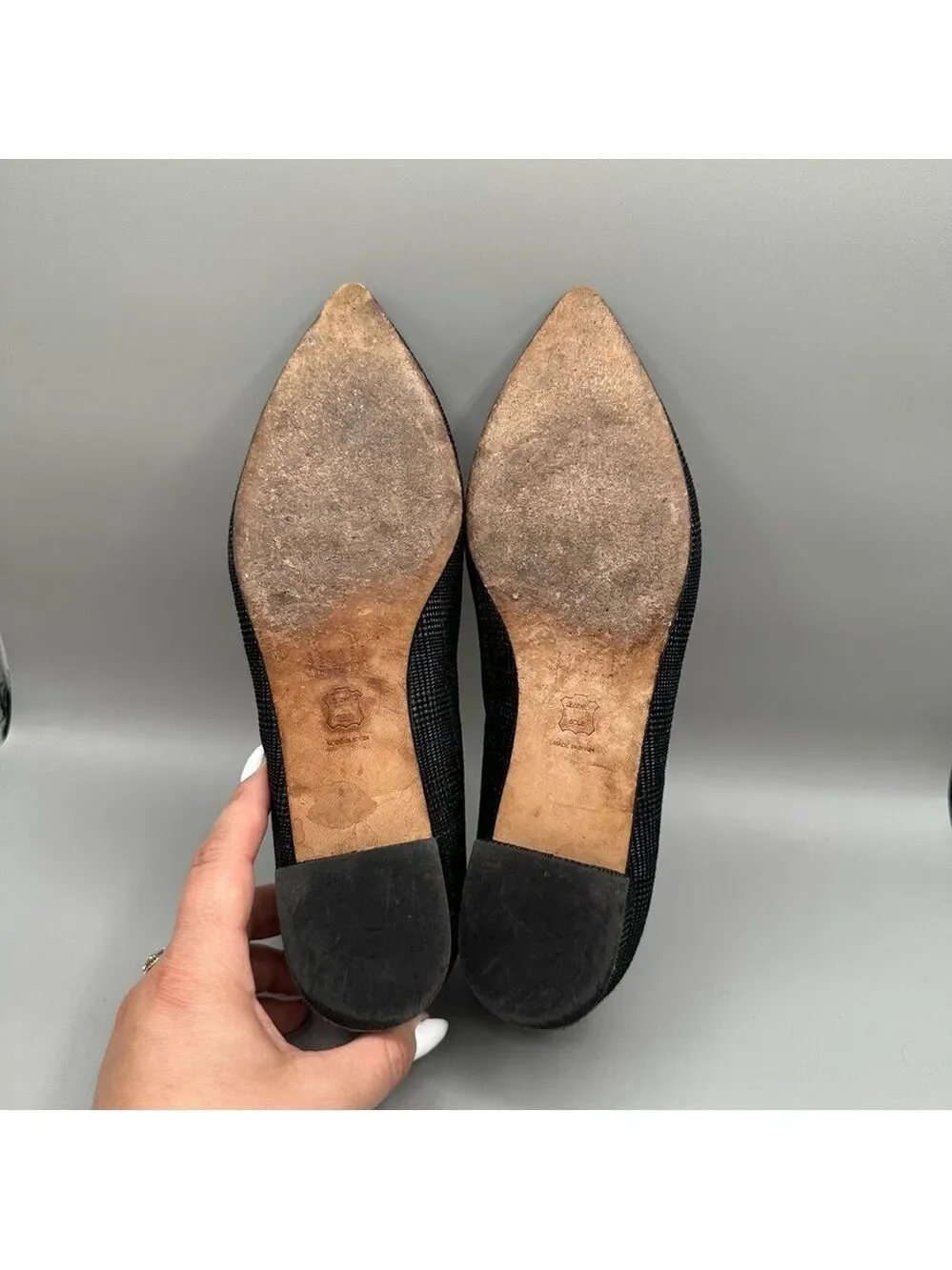Stuart Weitzman Women Size 7.5 Rialto Plaid Shimmer Flats Gray Black Metallic